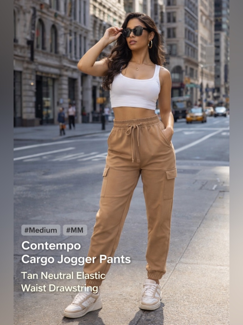 Contempo Cargo Jogger Pants Tan Neutral Elastic Waist Drawstring